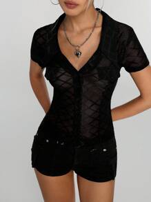 Flirla Women's Plaid Mesh Single-Breasted Short Sleeve Fitted Shirt - Black - View 4