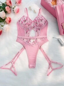 3pcs Floral Embroidery Mesh Underwire Teddy Bodysuit Lingerie - Baby Pink - View 6