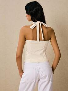 Poéselle 女式梭织条纹单排扣休闲露背上衣 - 卡其色 - 查看 3