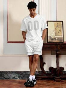 SWAVVY Conjunto holgado de camiseta de manga corta con cuello en V y estampado numérico, y pantalones cortos sueltos, para hombre, casual y deportivo para uso diario en verano - Blanco - Ver 4