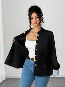 Elenzga Plus Size Retro Stand Collar Double-Breasted Long Sleeve Contrast Striped Cuff Women Jacket Fall Winter Cloth For Women Autumn - Black - View 7