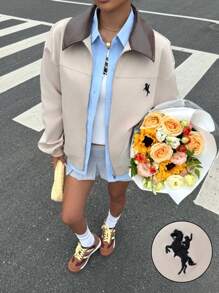 Muchica 女式秋季休闲撞色领夹克，适合冬季和秋季穿着 - 卡其色 - 查看 5