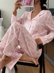 SHEIN Damen Vintage Blümchen Kragen Langarm Pyjama Set, rosa gestreift, romantischer Landhausstil, Herbst - Pink - Übersicht 1