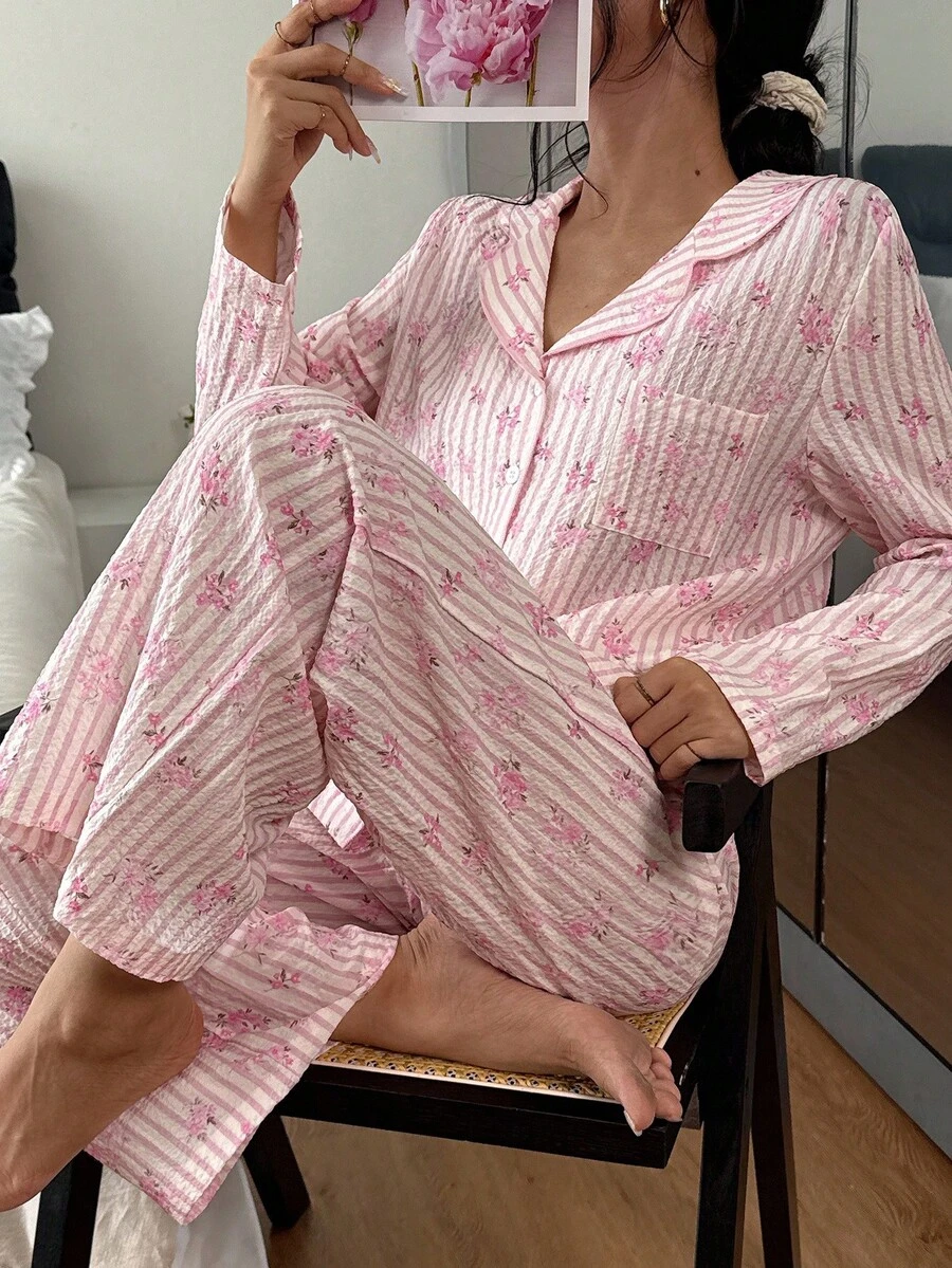 SHEIN Damen Vintage Blümchen Kragen Langarm Pyjama Set, rosa gestreift, romantischer Landhausstil, Herbst - Pink - Übersicht 1
