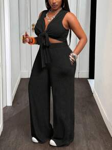 Slaydiva 2025 新款春夏大码女装复古西部/热带/音乐节/俱乐部/公路旅行/休闲/城市度假/毕业约会/优雅度假/日常基本款两件套 - 无袖系带前短款上衣和高腰阔腿裤（带口袋） - 黑色 - 查看 4