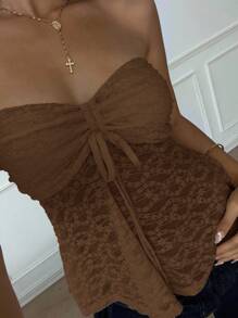 CovetEZ Women's Solid Color Textured Fabric Drawstring Detail Bandeau Top Brown Lace Top Brown Strapless Top - Brown - View 4