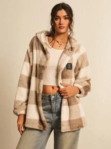 Freevana Plus Buffalo Plaid Pattern Drop Shoulder Hooded Flannel Jacket, For Winter Fall Autumn