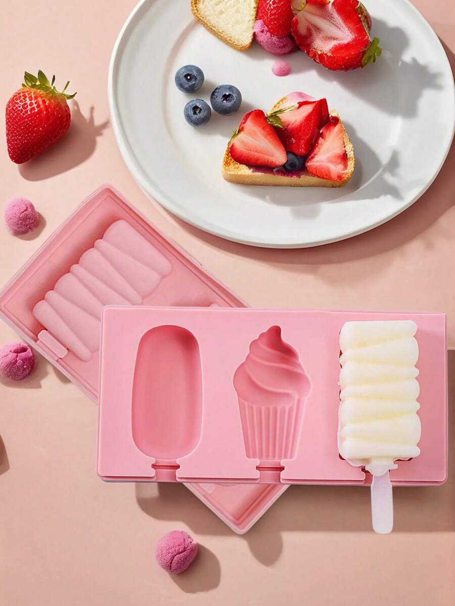 Joivida 1Pc Cute Shapes Silicone Popsicle Molds With Lids Reusable Ice Cream Mold Popsicle 4 Cavities Maker Homemade DIY Set - Pink - View 1
