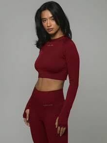 Musera Sport 标语“运动”短款修身长袖上衣，适合板式网球、网球、匹克球等冬季运动。 - 酒紅色 - 查看 2