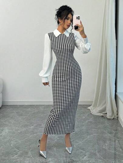 Selianne Fashionable Elegant Slim Long Patchwork Puff Sleeve Collar Houndstooth Pattern Fabric Women's Long Dress, Autumn/Winter Maxi Women Outfit Fall Cloth For Women
