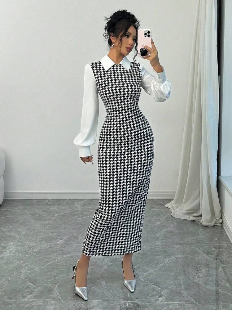 Selianne Fashionable Elegant Slim Long Patchwork Puff Sleeve Collar Houndstooth Pattern Fabric Women's Long Dress, Autumn/Winter Maxi Women Outfit Fall Cloth For Women - Black - View 1
