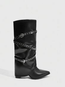 Daringsoles Botas occidentales de tacón grueso con punta puntiaguda y flecos para mujer, botas altas de ajuste ceñido - Negro - Ver 10