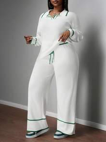 Slaydiva 2025 New Spring/Summer Plus Size Women Vintage Western Resort/Club/Road Trip/Business Casual Dress/Casual/City Vacation/Graduation Date/Elegant Vacation/Women Beach Outfit/Independence Day Ladies/Tea Party Dress/Women Office Wear, Fashion White & Green Striped Polo Collar Long Sleeve With Elastic Waist Wide Leg Pants Long 2 Pieces Set - B In Fall/Winter