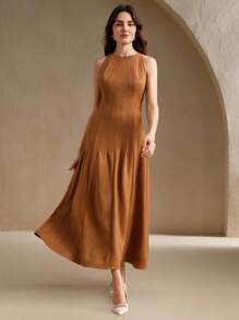 Anewsta Vestido Midi Elegante Feminino Cáqui, Sem Mangas, Com Cintura Franzida, Plissado, - Caqui - Ver 4