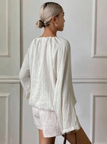 Livesso 女式条纹宽松系带长袖衬衫 - 米色 - 查看 2