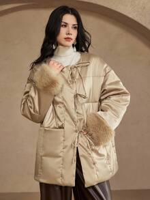DAZY 新款中国风复古拼布蓬松袖口宽松加厚棉服女秋冬外套 - 香檳色 - 查看 6
