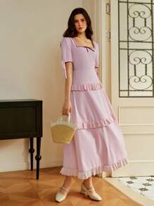 Omancia Robe fendue élégante à volants et dos nu pour femmes, convient pour les sorties, la maison, le thé au jardin, les rendez-vous, la rentrée scolaire, Thanksgiving, Halloween - Rose bonbon - Voir 5