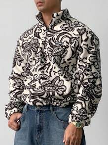 DAZY 男士保暖内衬花卉图案羊羔绒套头衫，带拉链，秋冬季四分之一拉链款 - 彩色 - 查看 6