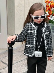 Elladie kids Young Girl Black Plaid Twist Ribbon Pearl Button Elegant Jacket - Black - View 1