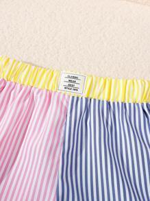 2 piezas Camisa de manga larga con cuello asimétrico, espalda con lazo y pantalones a rayas de estilo universitario informal, adecuado para todas las estaciones, para niña joven con diseño de parches y colores contrastantes