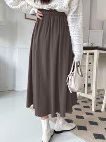DAZY Casual Versatile Commute Solid Color Pleated Skirt - Maroon - View 2