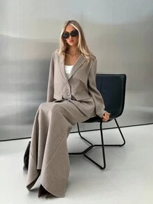 Aloruh Women's Mocha Floral Chiffon Tweed Blazer Jacket And Straight Skirt 2 Pieces Suit Set,Shades Of Brown,Summer,Business Casual,Everyday Office Wear - Mocha Brown - View 5