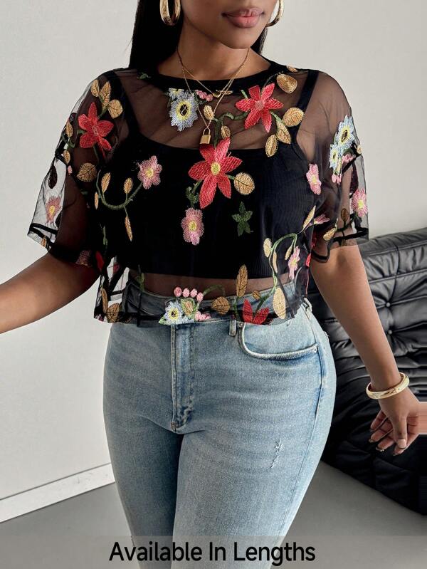 SHEIN PETITE CURVE Parte superior de mujer con bordado floral de moda para vacaciones de verano, con escote redondo holgado, estampado multicolor de plantas y flores, uso casual diario para primavera/verano