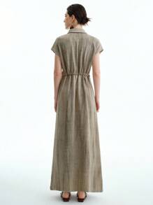 Aalyst Vestido largo de verano de línea A con bolsillo, cuello de camisa, manga corta, cintura con cordón, unicolor, estilo básico y versátil para mujer - Caqui - Ver 2