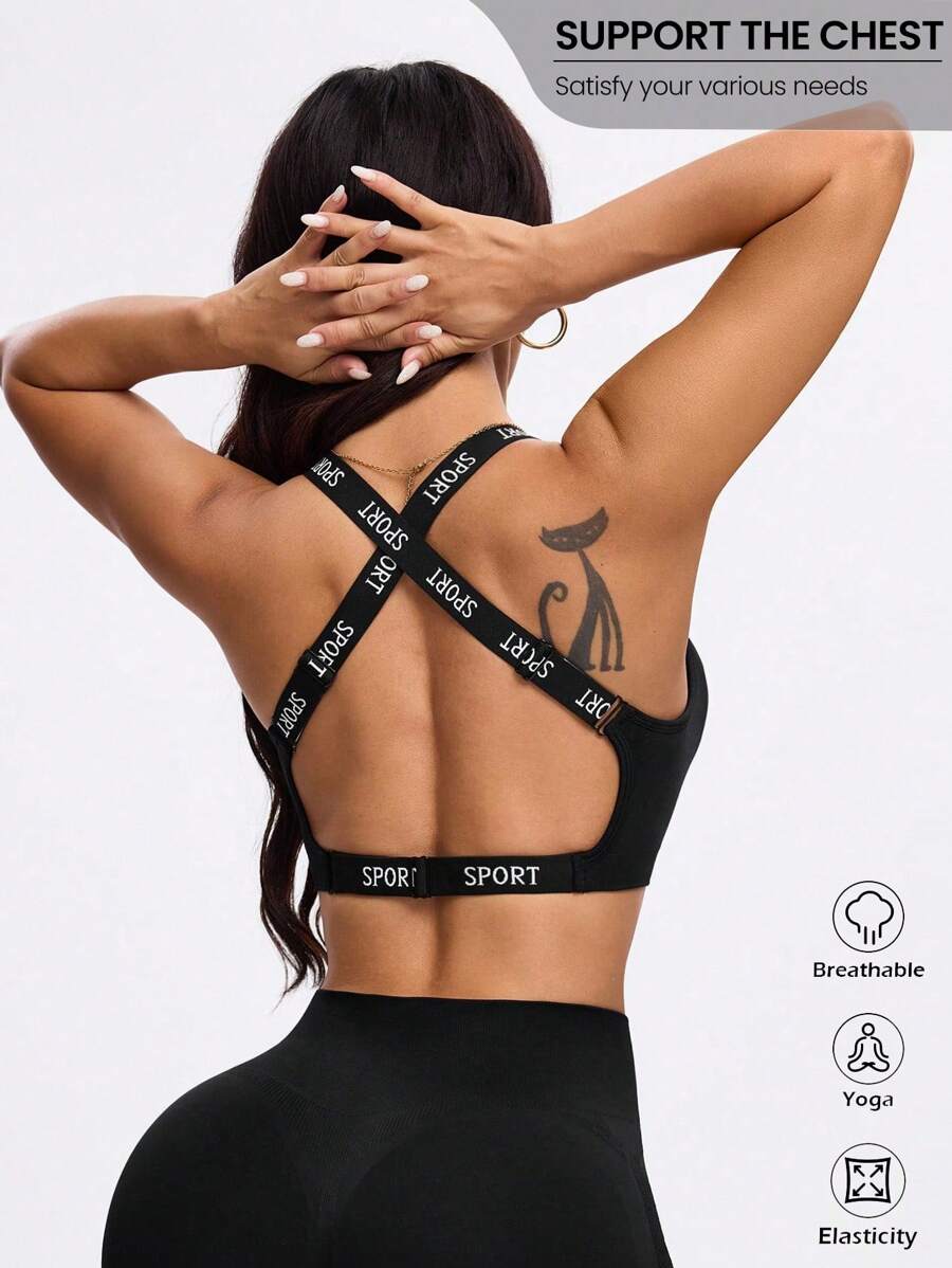 Easithlete Sutiã Esportivo Ativewear de Moda com Impressão de Letras e Costas Abertas, Verão - Preto - Visão 1