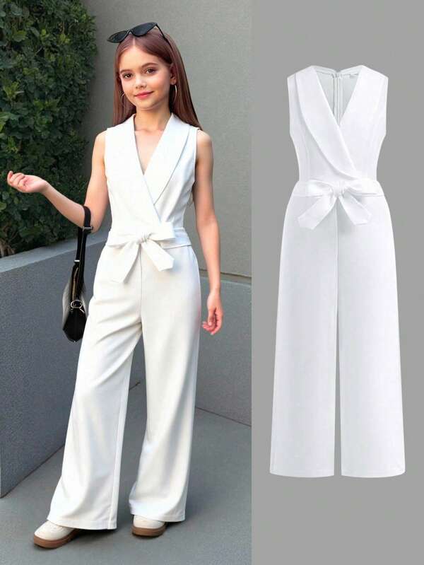 SHEIN Tween Mädchen Lässig Mode Alltag Umlegekragen Schräger Kragen Apricot einfarbiger Jumpsuit, Schulanfang