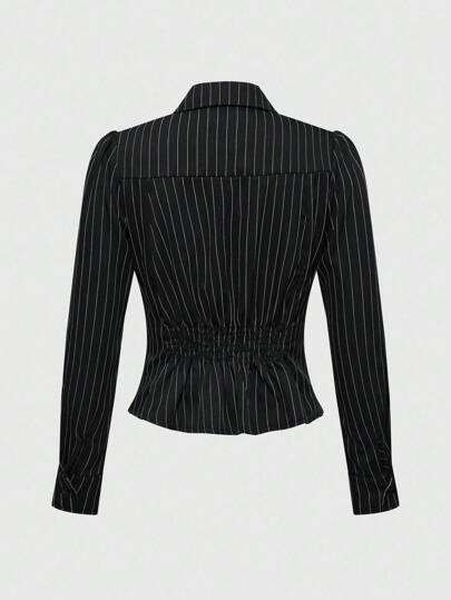 Grunge Punk Women's Striped Fitted Waist Lace Patchwork Long Sleeve Shirt, Collegiate Style, Autumn Clothing