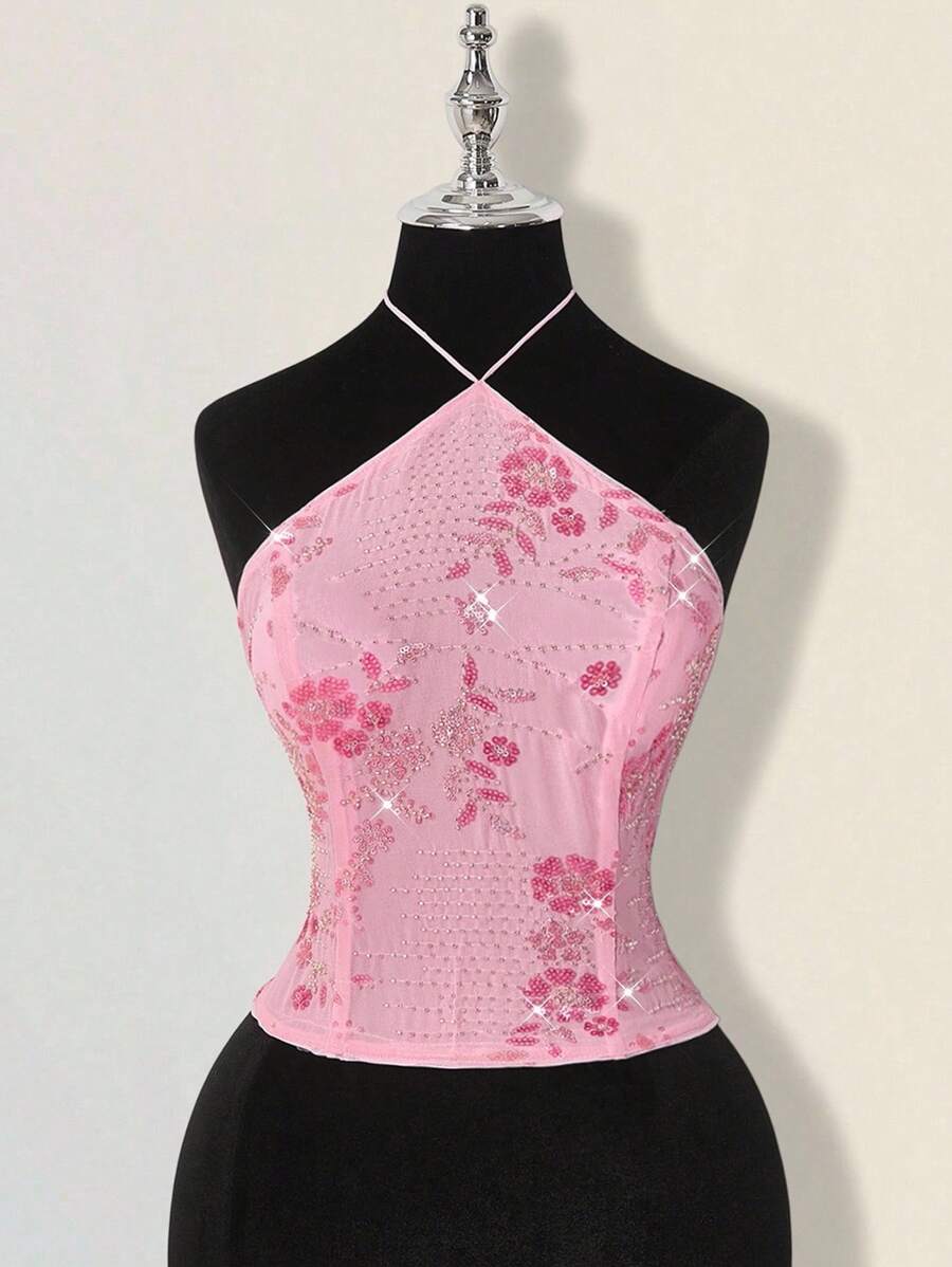 SHEIN ICON 女士串珠返校节粉色花卉亮片优雅挂脖吊带背心 - 粉色 - 查看 1