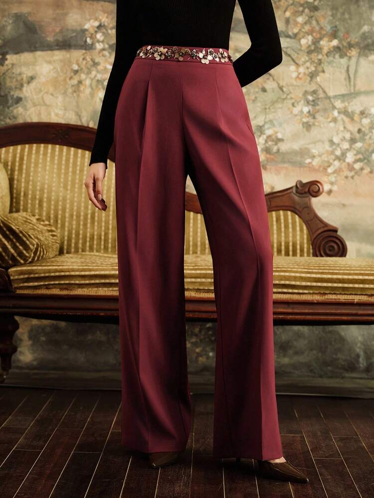 Luxury Beaded Straight-Leg Women's Trousers
