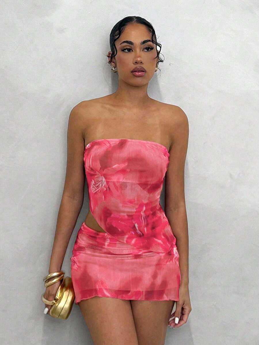 Glamine 花卉印花不对称下摆性感吊带背心上衣 + 花卉印花迷你裙，女士性感沙滩度假两件套 - 彩色 - 查看 1