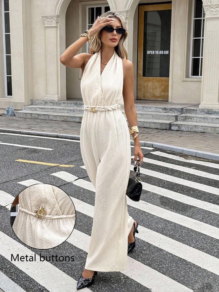 SHEIN Frenchy Women's Fashion Holiday Casual Romantic Halter Backless Jumpsuit Summer - Apricot - View 1