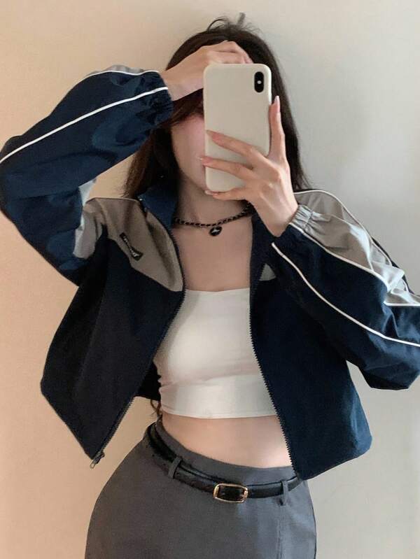 DAZY Loose Casual Outdoor Utility Style Jacket, Color Block Patchwork Short Tops, Street Style Women Coat, Autumn/Winter,Fall Women Clothes