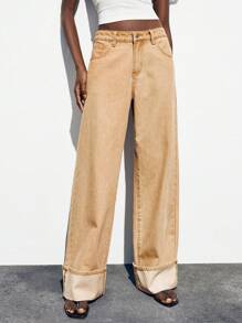 Maija 女士棕色牛仔裤低腰直筒卷边复古西部牛仔风格秋季外出装