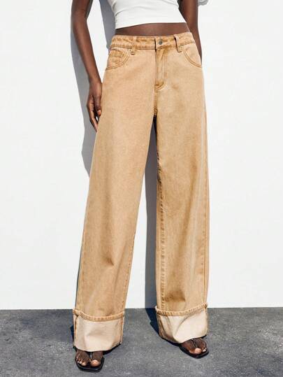 Maija 女士棕色牛仔裤低腰直筒卷边复古西部牛仔风格秋季外出装