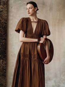 Arave Women's Coffee Brown Viscose Textured Deep V-Neck Puff Short Sleeves Elegant Date Long Dress,Summer Holiday Tea Party Holiday Elegant Fall Clothes - Brown - View 3