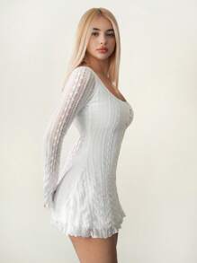 Sweetina 休闲提花面料方领长袖迷你连衣裙 - 白色 - 查看 5