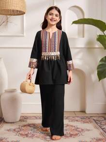 SHEIN 少女寬鬆可愛幾何印花閃亮流蘇飾邊上衣和直筒長褲