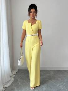 Selianne Mono de unicolor con textura y cuello en V para mujer, elegante para ir al trabajo y uso diario - Amarillo - Ver 3