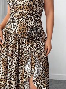 Elenzga Robe maxi élégante et romantique pour tous les jours et les fêtes, grande taille, ras-du-cou, col ras-du-cou Top de gamme, imprimé léopard, volants, col V profond, décor floral, fendu, ample - Multicolore - Voir 8