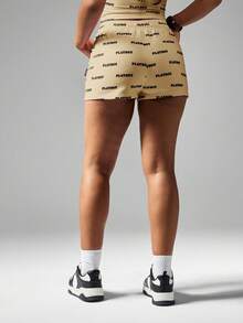 Missguided x Playboy Quần short chạy bộ in họa tiết rút dây lưng cao co giãn mặc đi biển thường ngày mặc đi nghỉ mùa hè - Màu Khaki - Xem 2