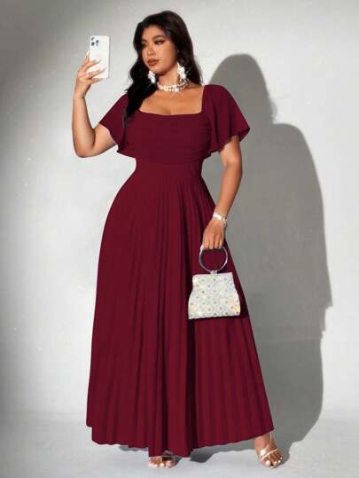 Viva Relle 大码女士优雅浪漫派对连衣裙，荷叶边雪纺泡泡袖短袖婚礼宾客礼服，酒红色