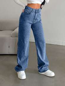 EURMUSE Snow Wash Straight Leg Jeans High Rise ,Petite Women - Teal Blue - View 3