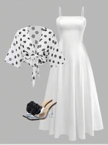 Flirla 大码女装时尚夏季碎花雪纺连衣裙和夹克优雅两件套 - 黑與白 - 查看 1
