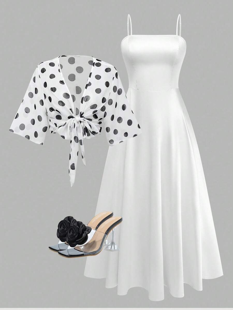 Flirla 大码女装时尚夏季碎花雪纺连衣裙和夹克优雅两件套 - 黑與白 - 查看 1