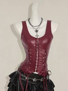 SHEIN ICON Y2k 女士哥特风酒红色露背纯色 PU 皮革系带设计时尚 PU 皮革上衣