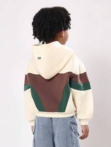 SUMWON 运动拼色连帽衫，带中央口袋，儿童休闲套头衫，秋冬舒适保暖街头时尚青少年日常穿着 - 彩色 - 查看 2